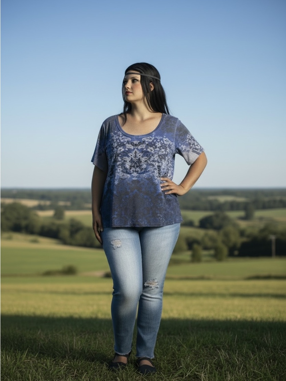 Essentials Blue Gray Floral Rhinestone Short Sleeve Tee